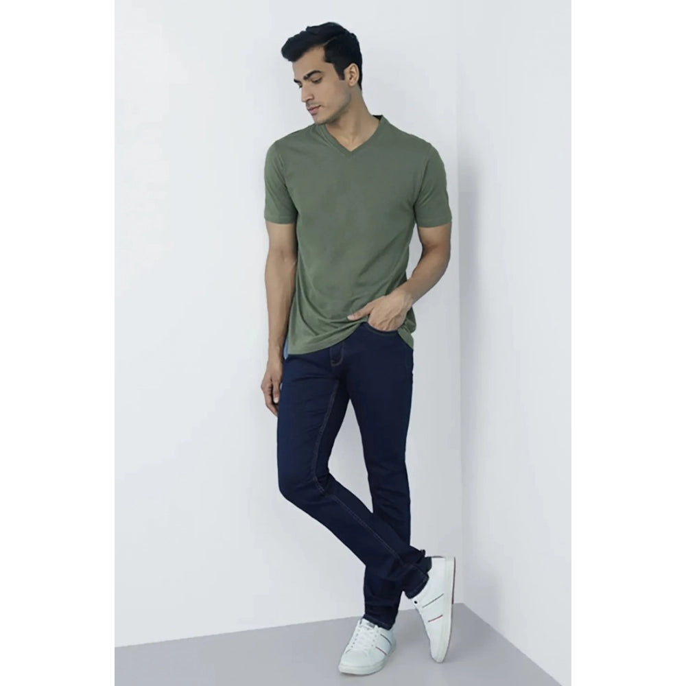 Generic Men's Casual Half sleeve Solid Cotton V Neck T-shirt (Green)