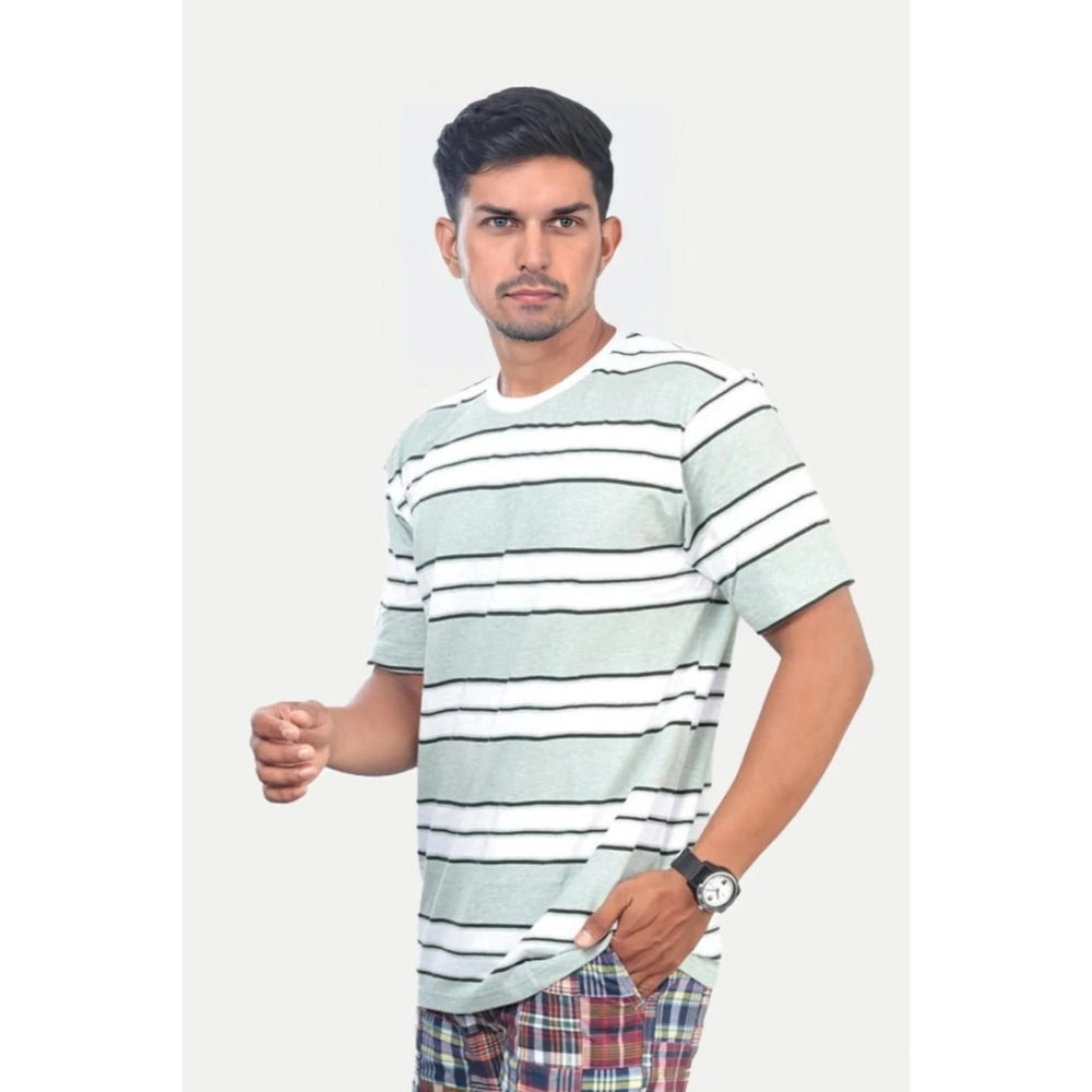 Generic Men's Casual Half sleeve Stripped Cotton Crew Neck T-shirt (White )