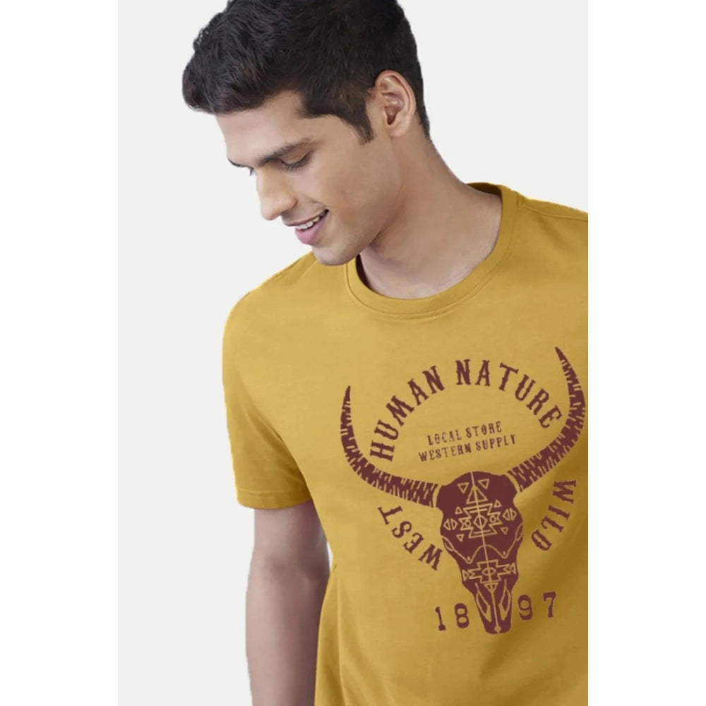 Generic Men's Casual Half sleeve Printed Polyester Crew Neck T-shirt (Mustard)