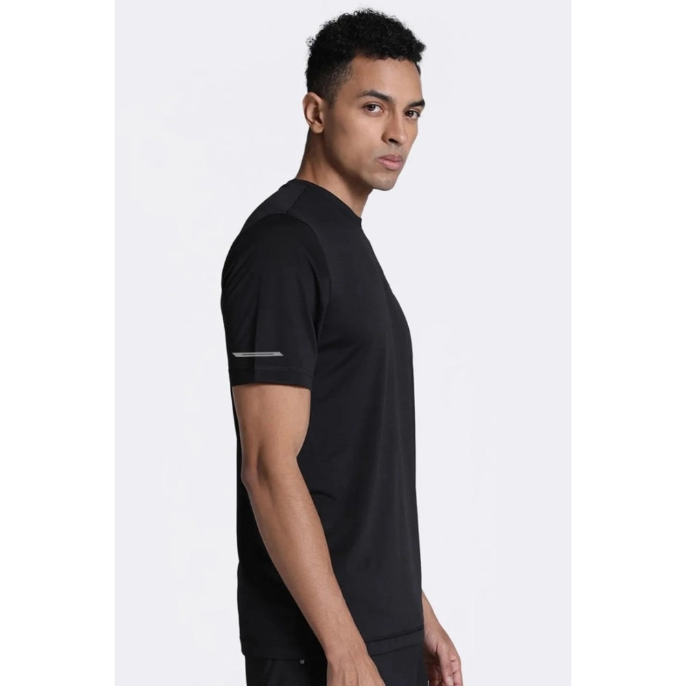 Generic Men's Casual Half sleeve Solid Polyester Crew Neck T-shirt (Black)