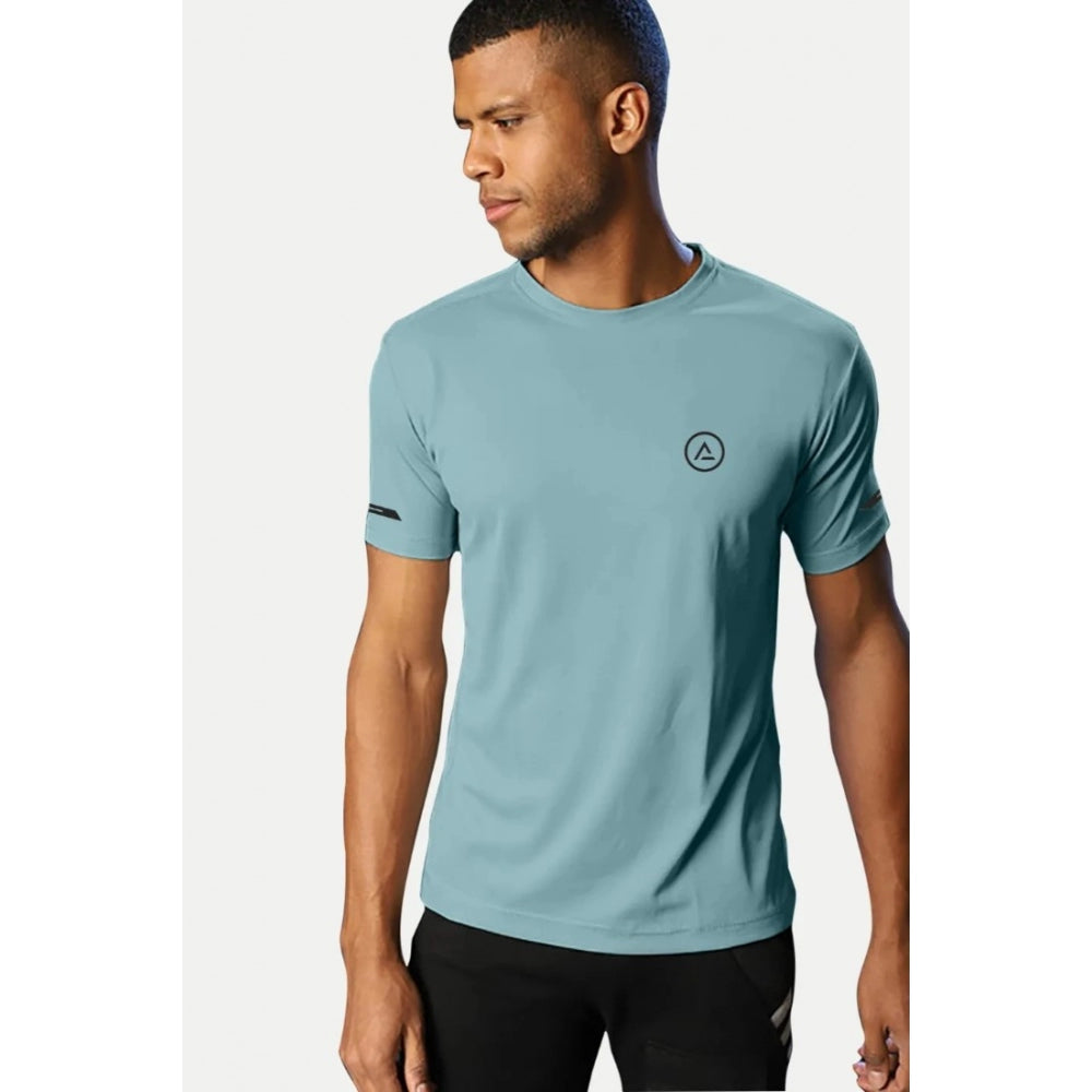 Generic Men's Casual Half sleeve Solid Polyester Crew Neck T-shirt (Turquoise Blue)