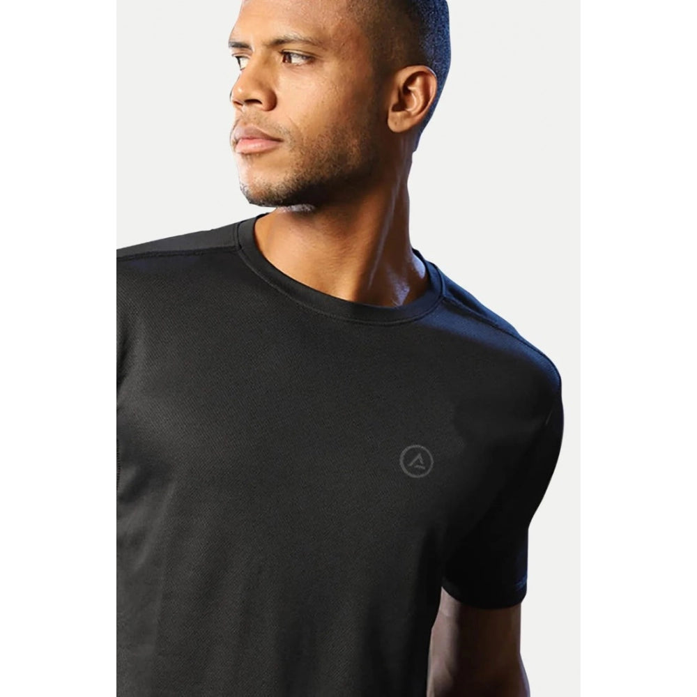 Generic Men's Casual Half sleeve Solid Polyester Crew Neck T-shirt (Black)