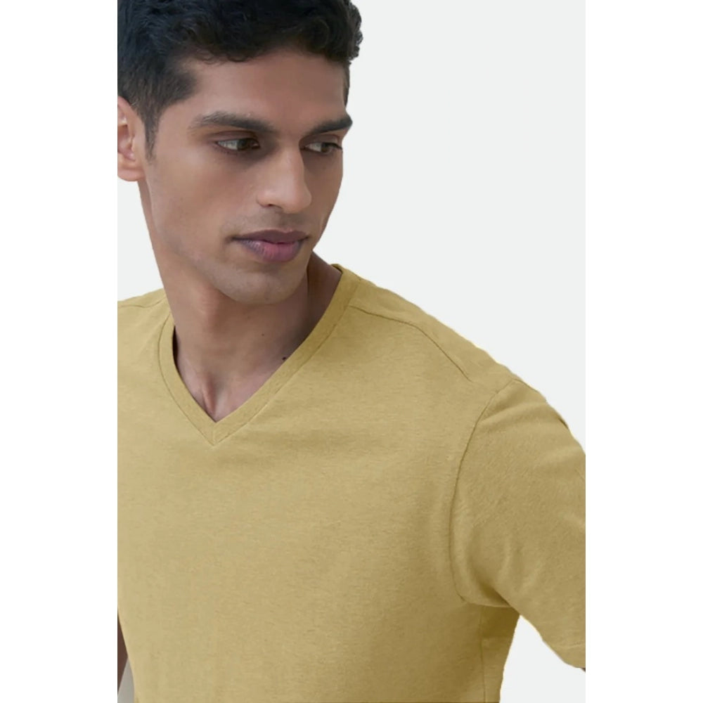 Generic Men's Casual Half sleeve Solid Cotton V Neck T-shirt (Sand)