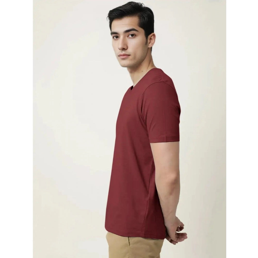 Generic Men's Casual Half sleeve Solid Cotton V Neck T-shirt (Maroon)