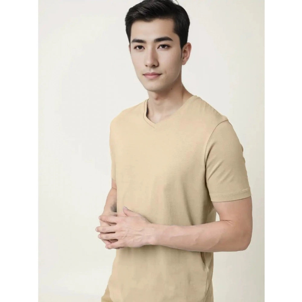 Generic Men's Casual Half sleeve Solid Cotton V Neck T-shirt (Beige)