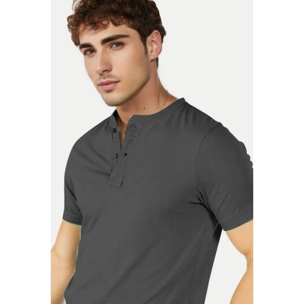 Generic Men's Casual Half sleeve Solid Cotton Henley Neck T-shirt (Dark Grey)