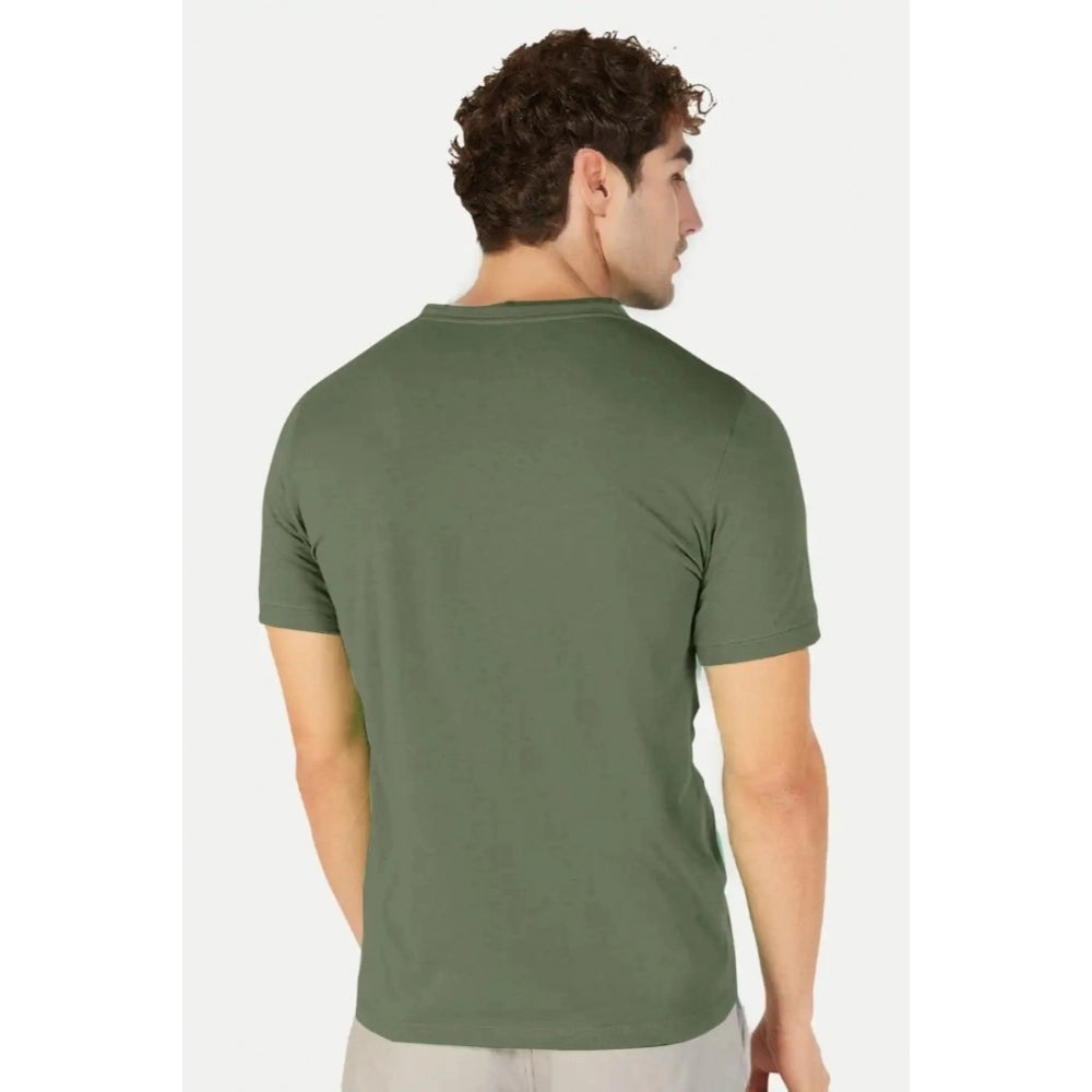 Generic Men's Casual Half sleeve Solid Cotton Henley Neck T-shirt (Olive)