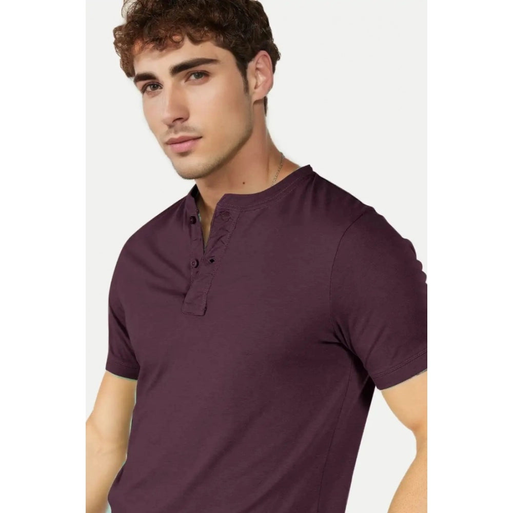 Generic Men's Casual Half sleeve Solid Cotton Henley Neck T-shirt (Wine)