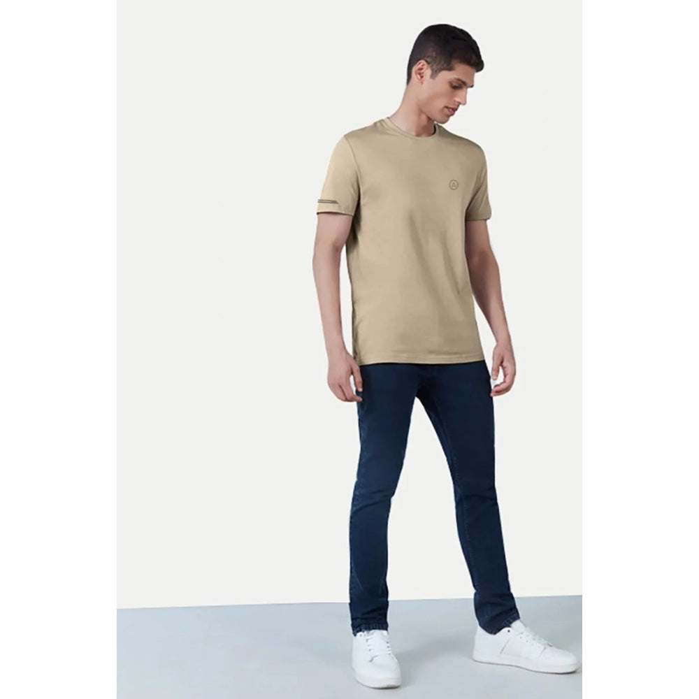 Generic Men's Casual Half sleeve Solid Polyester Crew Neck T-shirt (Beige)