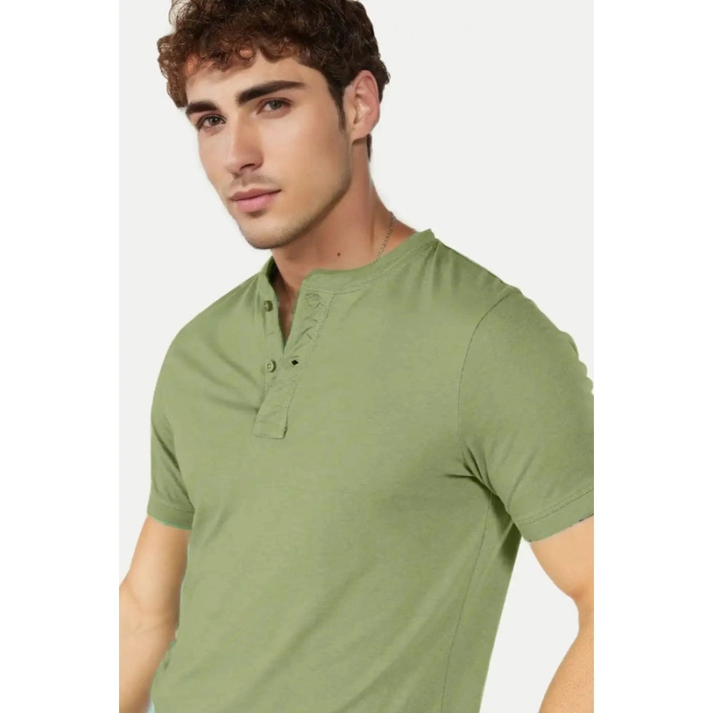 Generic Men's Casual Half sleeve Solid Cotton Henley Neck T-shirt (Pista)