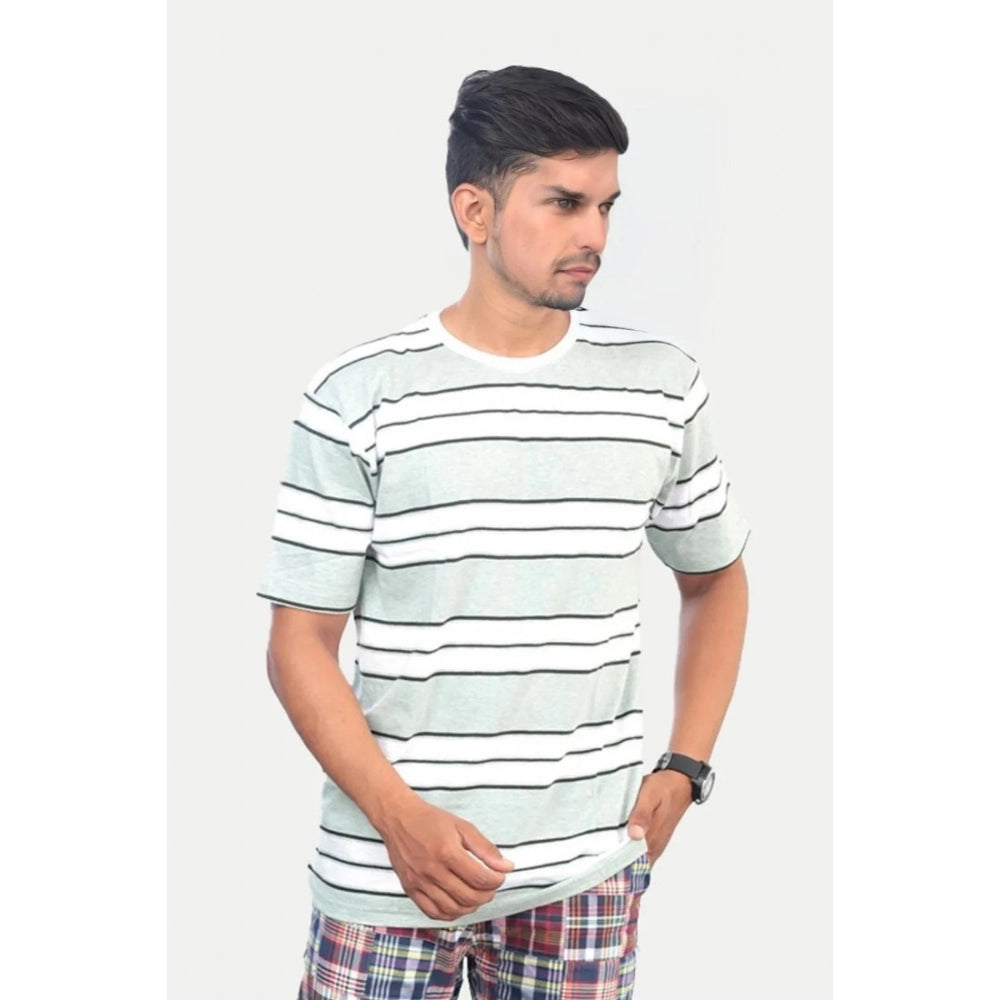 Generic Men's Casual Half sleeve Stripped Cotton Crew Neck T-shirt (White )