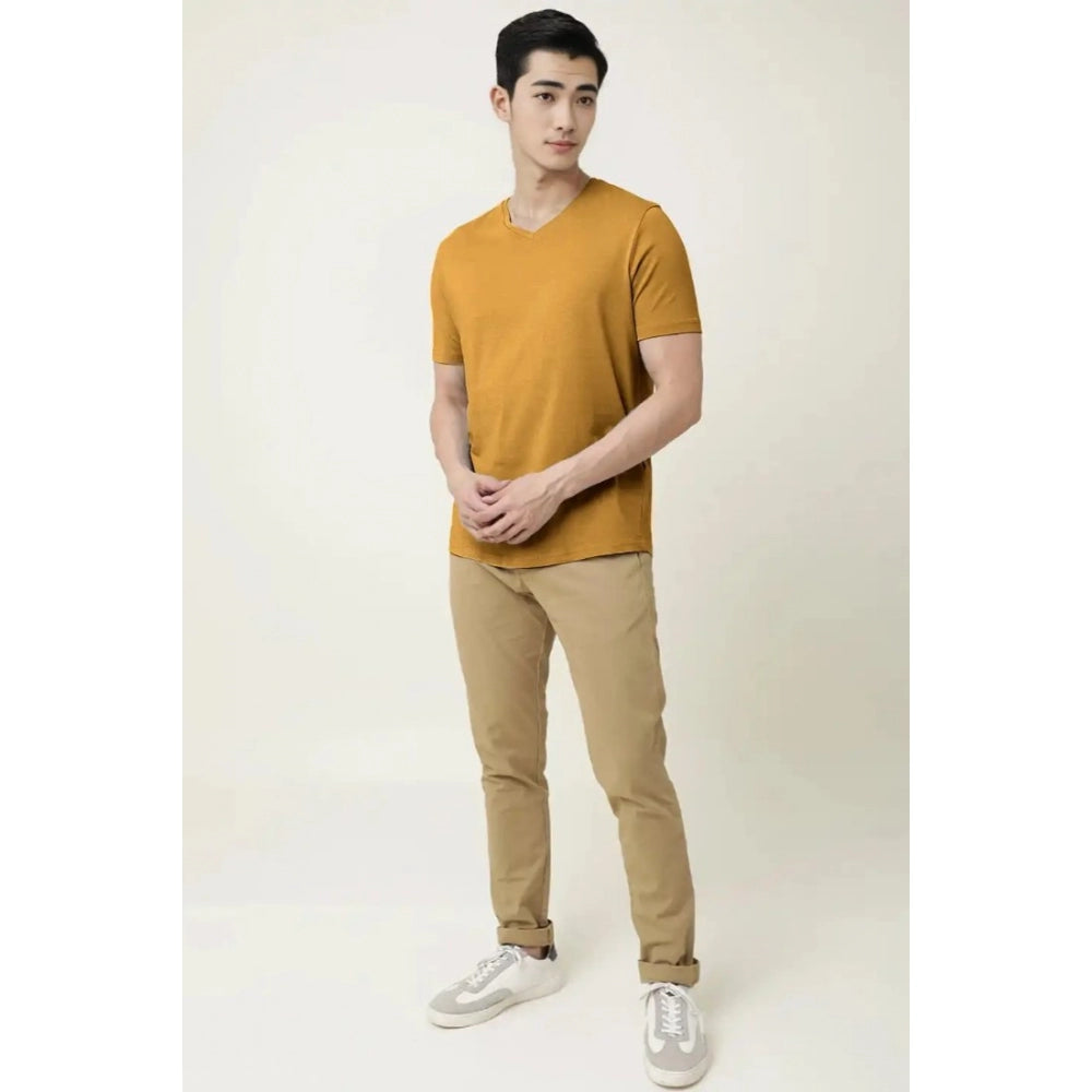 Generic Men's Casual Half sleeve Solid Cotton V Neck T-shirt (Mustard )