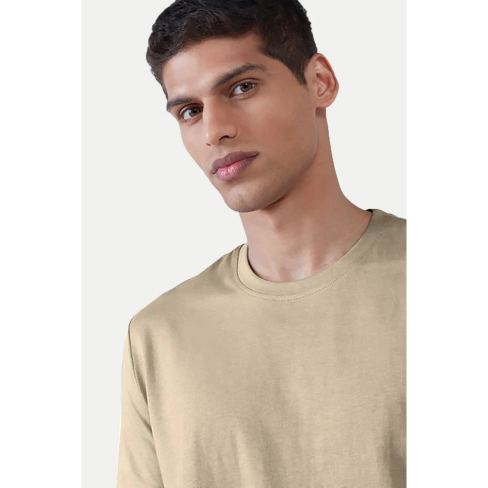 Generic Men's Casual Half sleeve Solid Polyester Crew Neck T-shirt (Beige)
