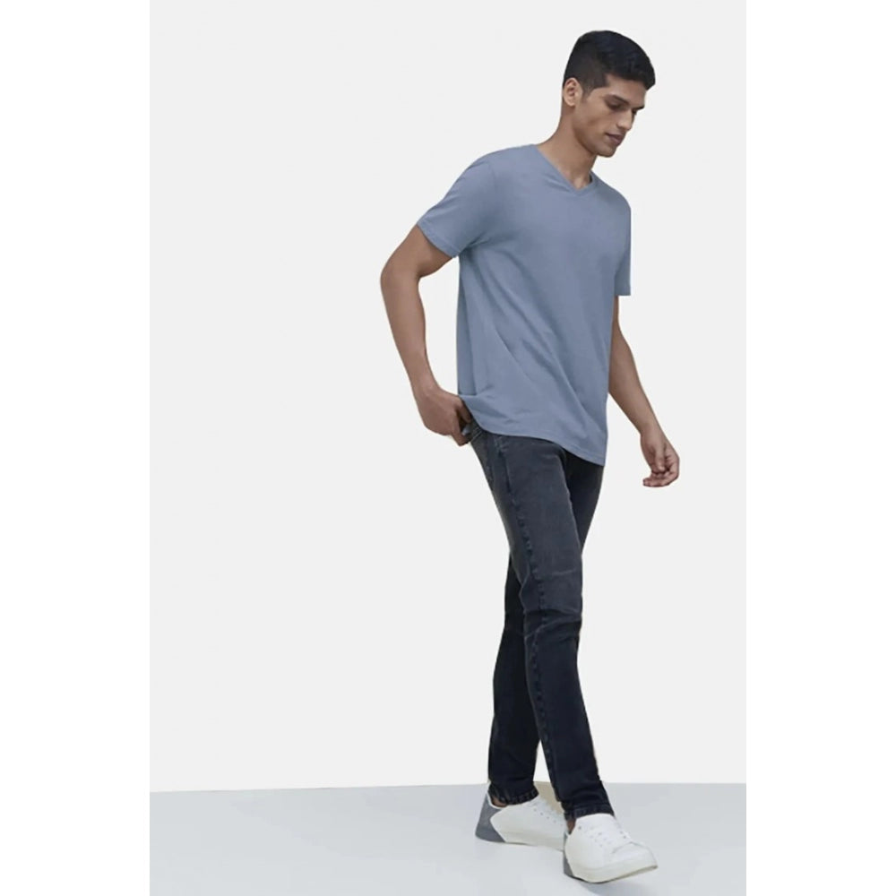 Generic Men's Casual Half sleeve Solid Cotton V Neck T-shirt (Blue)