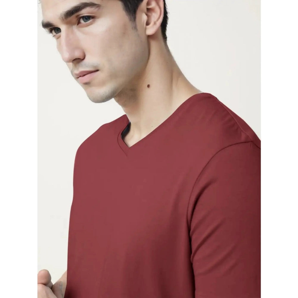 Generic Men's Casual Half sleeve Solid Cotton V Neck T-shirt (Maroon)
