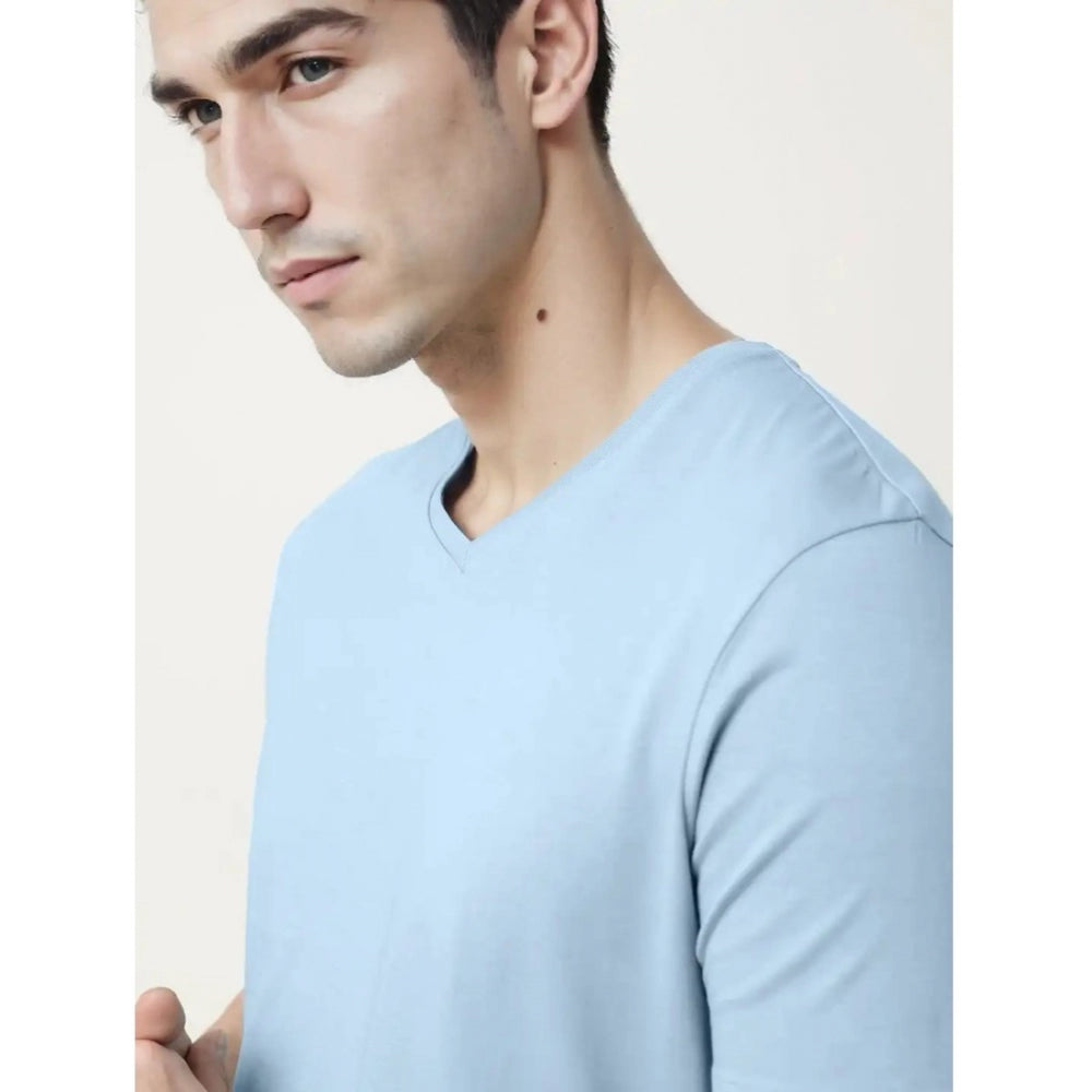 Generic Men's Casual Half sleeve Solid Cotton V Neck T-shirt (Sky)