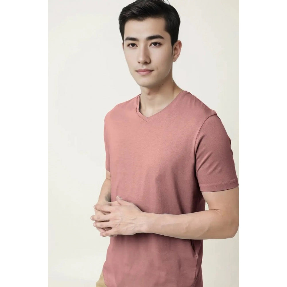 Generic Men's Casual Half sleeve Solid Cotton V Neck T-shirt (Onion)