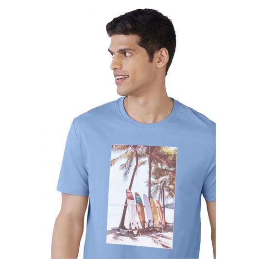 Generic Men's Casual Half sleeve Digital Printed Cotton Crew Neck T-shirt (Sky Blue)