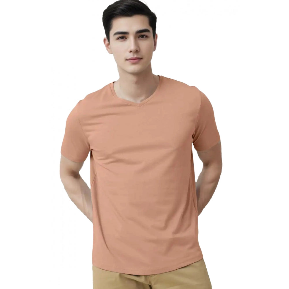 Generic Men's Casual Half sleeve Solid Cotton V Neck T-shirt (Peach)