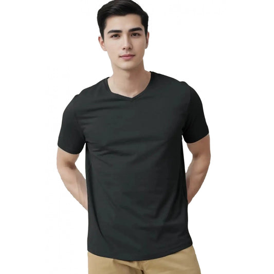 Generic Men's Casual Half sleeve Solid Cotton V Neck T-shirt (Black)