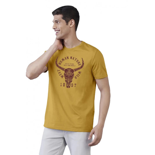 Generic Men's Casual Half sleeve Printed Polyester Crew Neck T-shirt (Mustard)