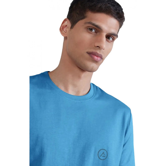 Generic Men's Casual Half sleeve Solid Polyester Crew Neck T-shirt (Light Blue)