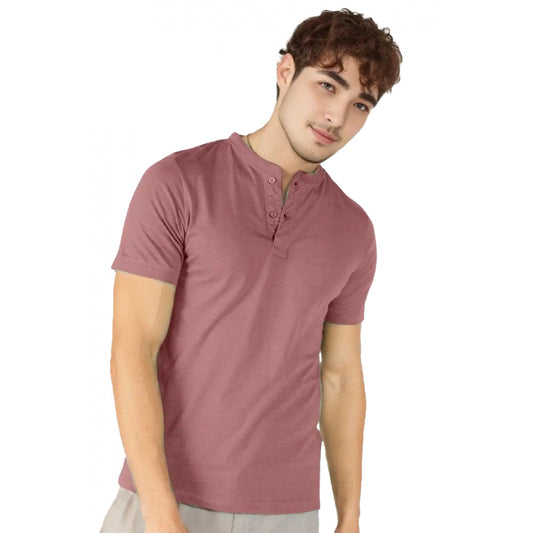 Generic Men's Casual Half sleeve Solid Cotton Henley Neck T-shirt (Onion)