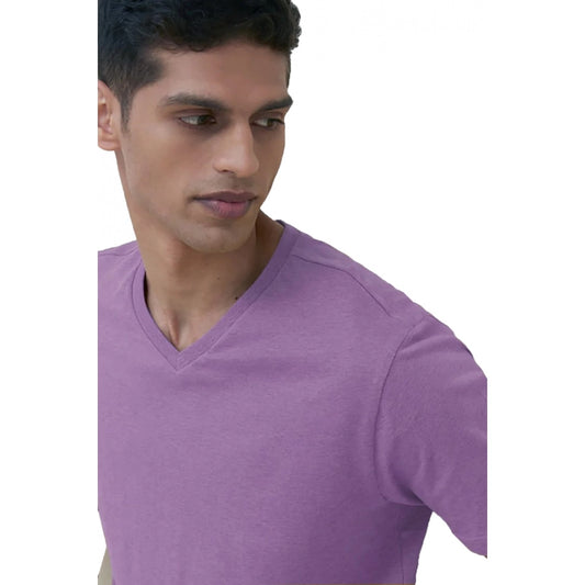 Generic Men's Casual Half sleeve Solid Cotton V Neck T-shirt (Lilac)