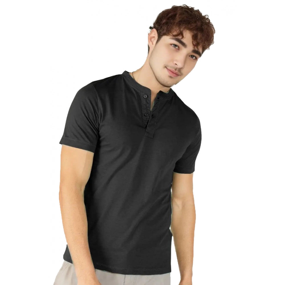 Generic Men's Casual Half sleeve Solid Cotton Henley Neck T-shirt (Black)
