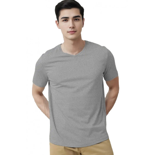 Generic Men's Casual Half sleeve Solid Cotton V Neck T-shirt (Grey Melange)