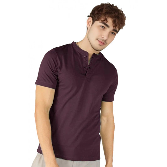 Generic Men's Casual Half sleeve Solid Cotton Henley Neck T-shirt (Wine)