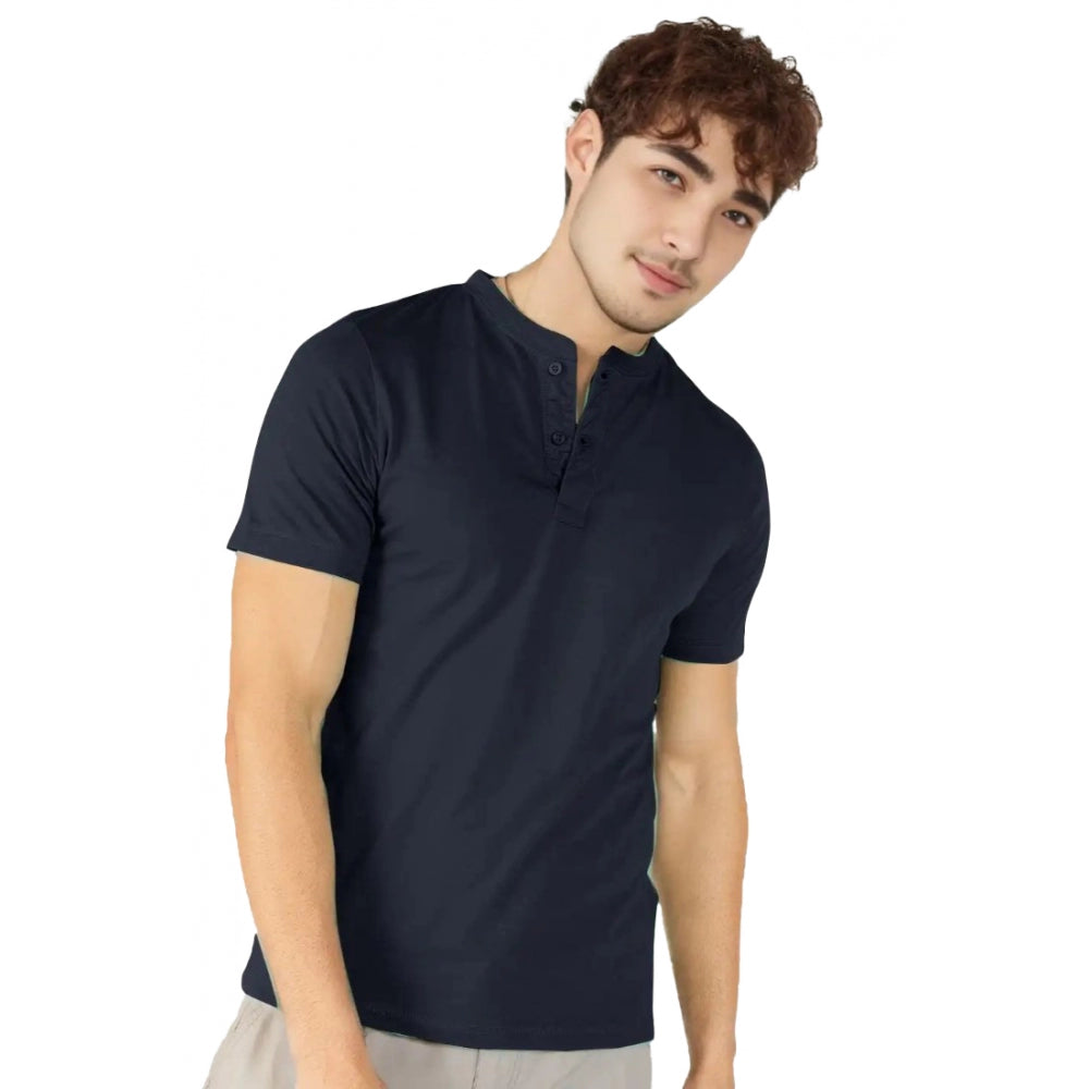 Generic Men's Casual Half sleeve Solid Cotton Henley Neck T-shirt (Airforce)