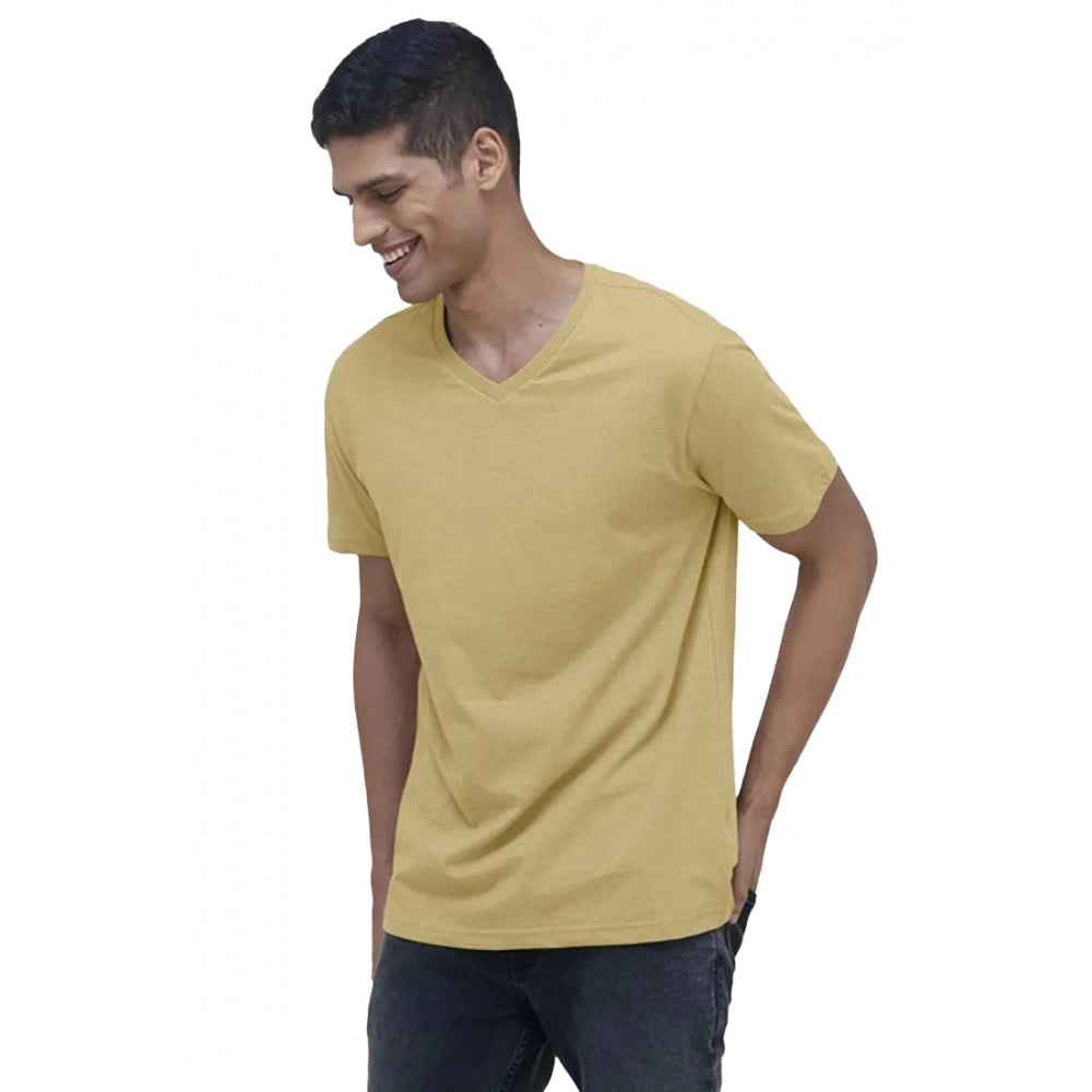 Generic Men's Casual Half sleeve Solid Cotton V Neck T-shirt (Sand)