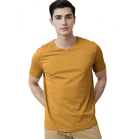 Generic Men's Casual Half sleeve Solid Cotton V Neck T-shirt (Mustard )