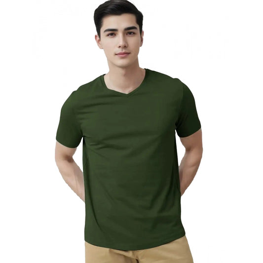 Generic Men's Casual Half sleeve Solid Cotton V Neck T-shirt (Olive)