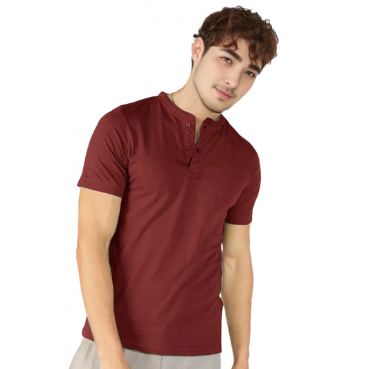 Generic Men's Casual Half sleeve Solid Cotton Henley Neck T-shirt (Maroon)