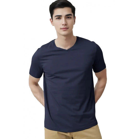 Generic Men's Casual Half sleeve Solid Cotton V Neck T-shirt (Navy)
