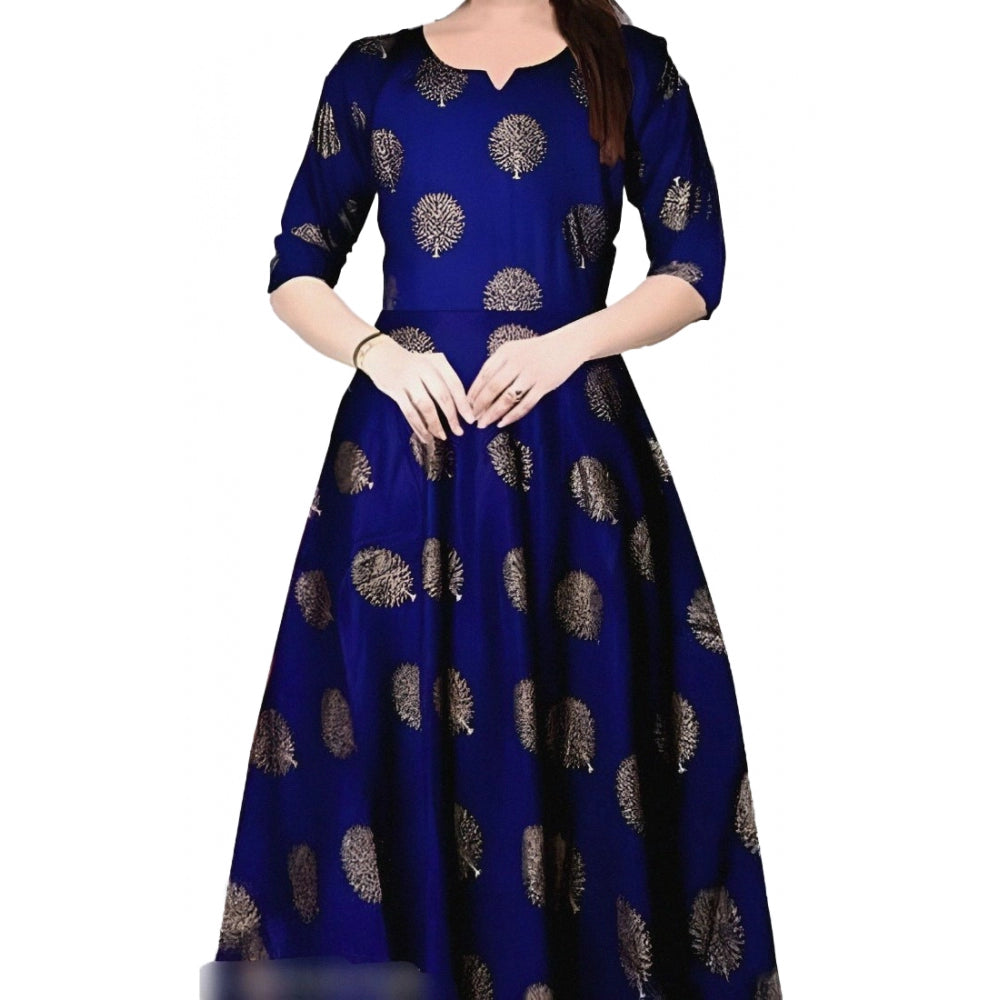 Generic Women's Casual 3/4 Sleeve Printed Rayon Anarkali Gown (Blue)